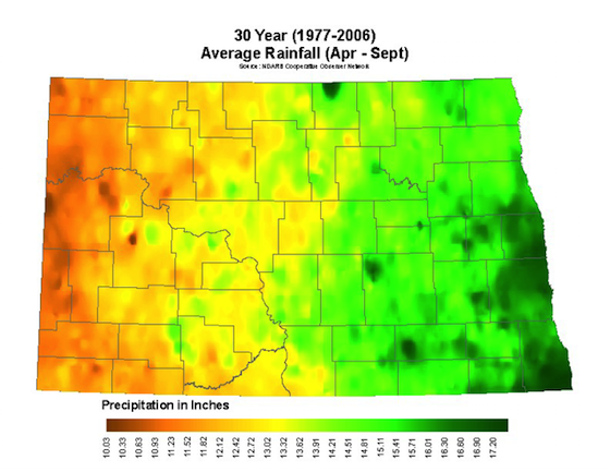 ND map of 30 year average seasonal rainfall. Precipitation ranges from 10.08 to 17.87 inches.