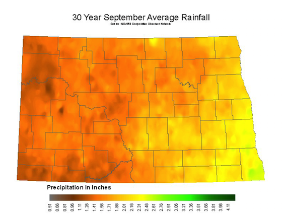 ND map of 30 year average rainfall in September.The western half is drier, with the southeastern quarter being the wettest. Precipitation ranges from 1.06 to 2.67 inches.
