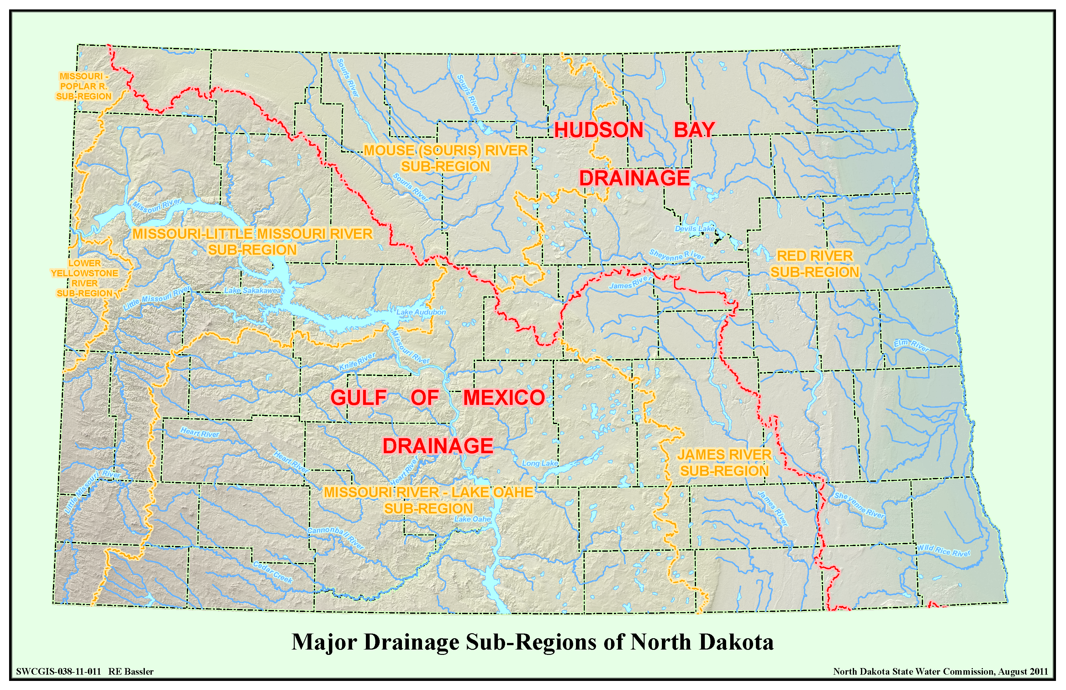 Major Drainage Sub-Regions of North Dakota Map
